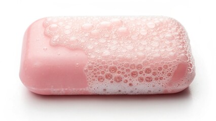 A classic pink bar of soap, covered in rich, luxurious white foam and bubbles, isolated on a pristine white background. This image evokes feelings of cleanliness, freshness, and gentle care
