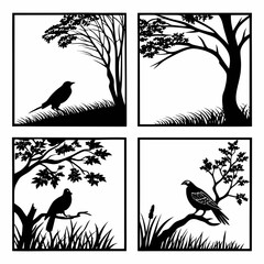 Birds perched on branches with grass tree nature