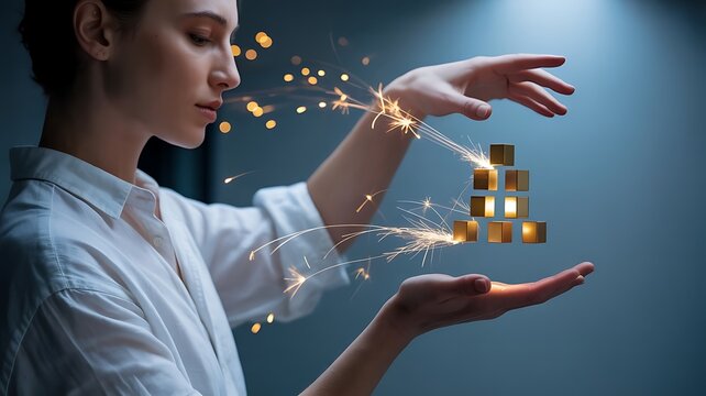 Woman creating golden cubes with sparks image - Powered by Adobe