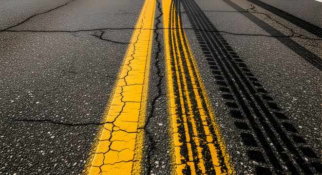 Asphalt Road with Yellow Lines and Tire Tracks showcasing road markings and textures - Powered by Adobe