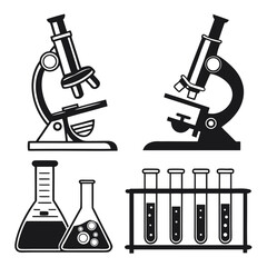 Black and white laboratory equipment icons microscope