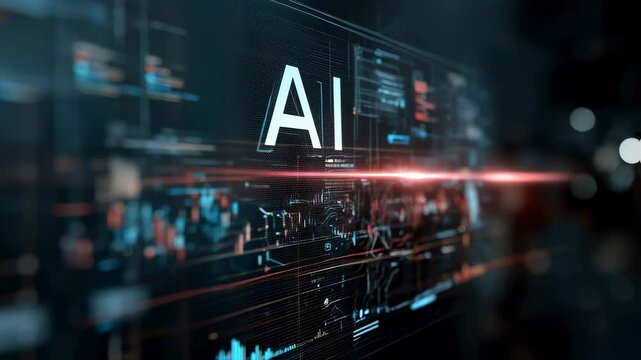 An engaging digital workspace presenting the term AI with surrounding interactive graphs and data analytics emphasizing its integral function in transforming raw data into insightful