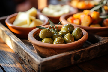 Fresh organic green and black olives served in a glass bowl make a healthy Mediterranean appetizer or vegetarian snack essential for a classic salad or diet meal