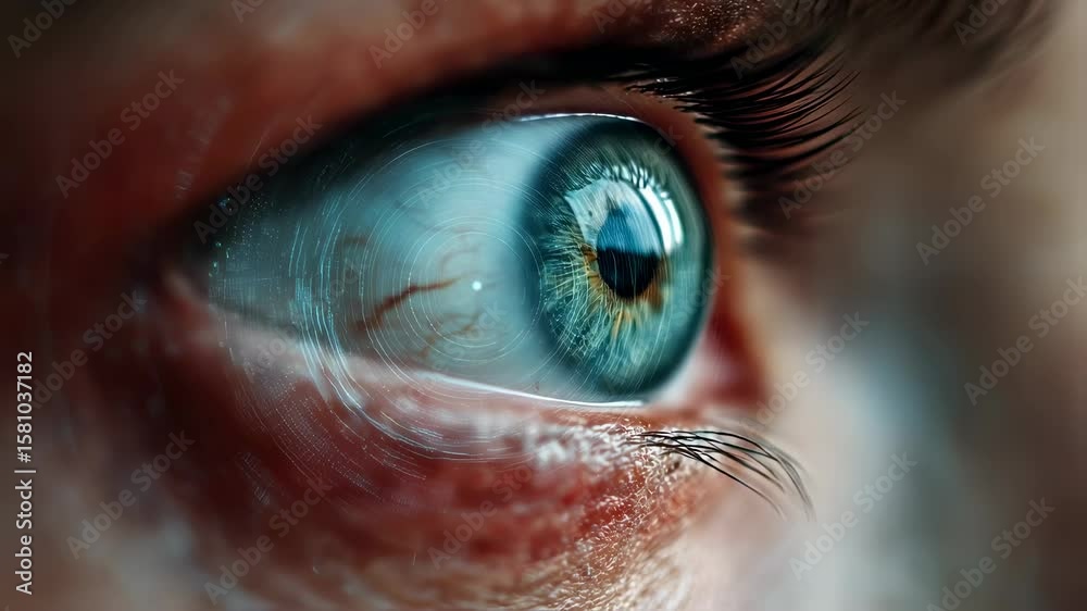 Poster portrait of a womans eye surrounded by a dynamic digital display illustrating a sophisticated biomet