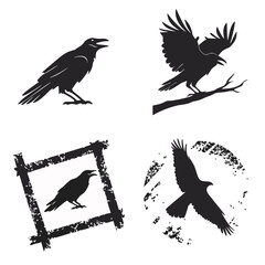 Black crow silhouettes on white background raven bird