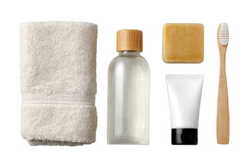 Daily Bathroom Essentials Flat Lay Including Natural Products and Accessories for Personal Care