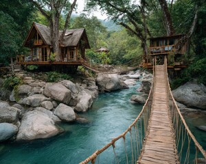 Wooden tree houses connected by a rope bridge over a turquoise river.
