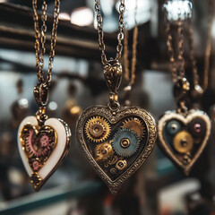 This antique gold heart shaped pendant with diamonds is a luxury vintage jewelry accessory featuring a precious gem design on a golden chain