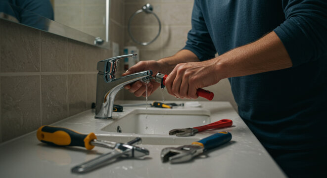 Handyman repairing a dripping bathroom sink faucet with professional tools. Home maintenance and plumbing service.