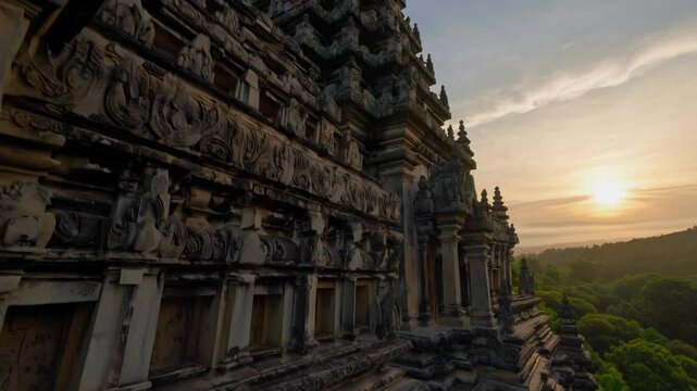 Sun rises over the temple at prang bor. Ancient stone carvings in the temple of architecture. A serene landscape of sacred sky and a sunset. The sun ascends above the temple at prang bor lifestyle.