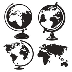 Black globes and world map silhouettes education geography