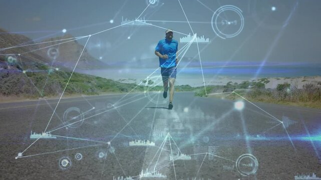 Mid adult male runner starting coastal jog, activating data overlay with charts, gauges clustering - Powered by Adobe