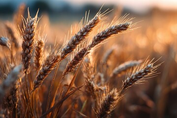 Detailed close-up of mature wheat ears glowing in warm evening light on a harvest-ready field, symbolizing abundance and the hard work of farmers on Farmers Day.