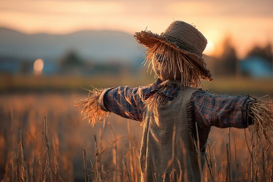 Traditional scarecrow made of straw and cloth standing in an autumn crop field during sunset, celebrating Farmers Day and rural agricultural heritage.