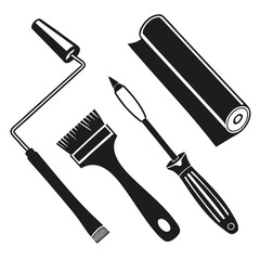 Black paint roller brush and screwdriver silhouettes