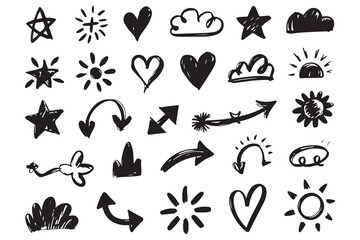 Fototapeta premium Set of arrows hearts stars clouds symbol in flat silhouette style 