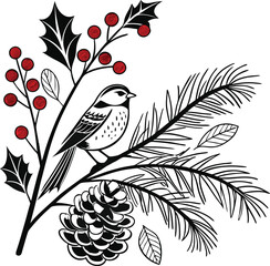 Colorful cartoon bird illustration on a blossoming tree branch with leaves and flowers