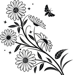 Black and white seamless floral pattern with vintage flower and leaf decoration, perfect for vector nature illustration or elegant wallpaper