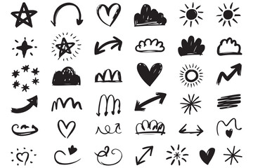 Set of arrows hearts stars clouds symbol in flat silhouette style
