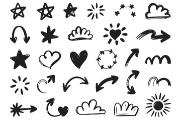 Set of arrows hearts stars clouds symbol in flat silhouette style
