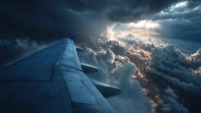 Aerial view of airplane wing over clouds in sky during flight