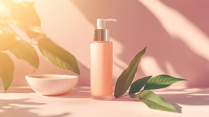 A white cosmetic moisturizing cream bottle sits beside a pink flower and a clean towel, offering a wellness spa treatment for beauty and body care