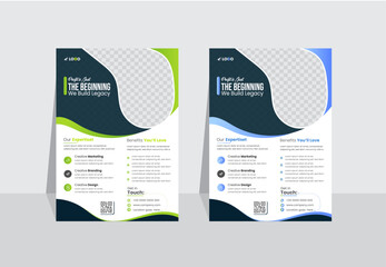 Modern creative A4-sized business flyer design template layout with organic green and blue shapes