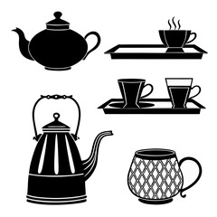 Black silhouettes of teapots cups and trays kettle