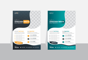 Modern creative A4-sized business flyer design template layout with organic black and green shapes
