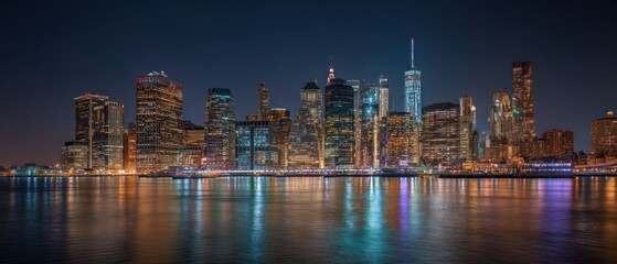 Fototapeta premium Night Lights of Manhattan Skyline, New York City