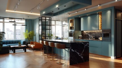 Modern Teal Kitchen Apartment Design with City Views