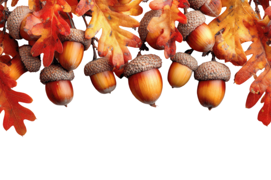 Close up of acorns and oak leaves in autumn yellow orange tones top view isolated on transparent background PNG, frame, design, decoration for Thanksgiving and seasonal fall holidays