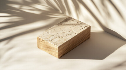 A fresh bar of organic soap and a gift box with golden ribbon sit on a wooden board next to a healthy snack cube isolated on white