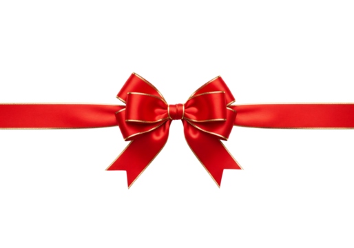 Elegant red gift ribbon bow with golden trim for Christmas. Isolated on transparent background, png