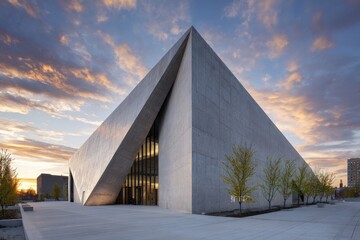 Fototapeta premium Modern concrete building at sunset. Geometric architecture.