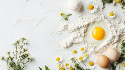 Fresh white daisy flowers and chamomile blossoms surround colourful Easter eggs on a rustic wooden table background to create a beautiful spring nature scene