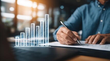 A person analyzes documents with a pen while a digital bar graph represents data growth in a modern office setting