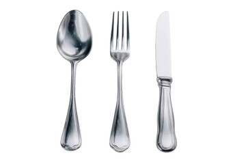 Elegant Set of Silverware Including Spoon, Fork, and Knife on White Background for Table Setting and Dining Decor