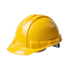 Fototapeta premium Bright yellow construction hard hat with adjustable straps isolated on white background