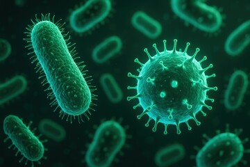 Microbial life forms, including bacteria and viruses, are depicted in vibrant green colors, showcasing intricate details and structures in a visually engaging scientific illustration