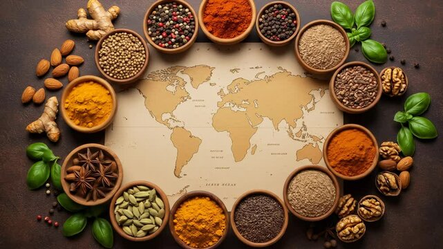 Spices, a colorful assortment of natural ingredients for cooking global cuisine, beautifully arranged around a vintage world map to represent diverse flavors and healthy food.