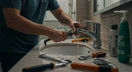 Unrecognizable plumber repairing a bathroom sink faucet with a wrench and various tools.