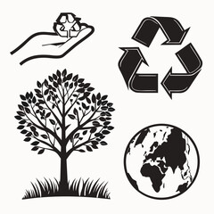 Eco conservation symbols tree globe recycling hand