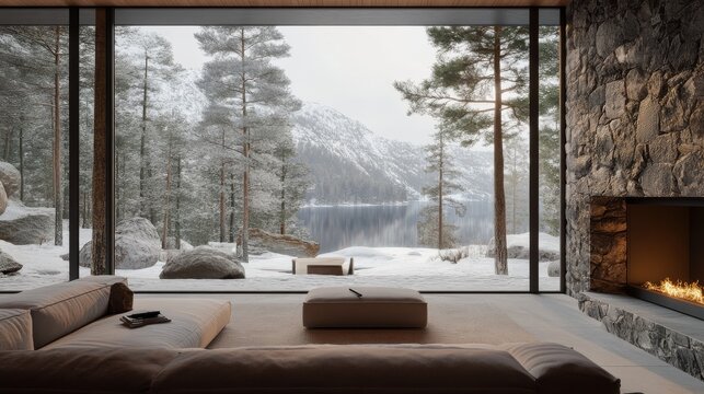 Fototapeta archviz modern nordic living room front view