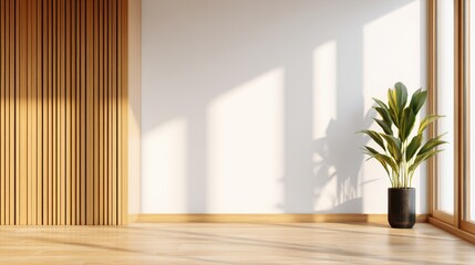 Bright and airy interior space featuring a tall plant in a minimalist wooden room with shadows
