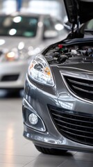 Car repair shop filled with vehicles and open hood showcasing engine work in busy workshop environment during daylight hours