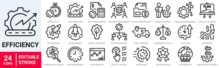 Productivity and efficiency. Outline icon collection. Linear business and leader symbols. Editable stroke. Vector illustration. 