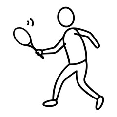 Stick figure tennis player swinging racket in dynamic pose  