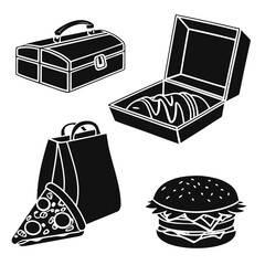 Food containers and fast food icons pizza burger