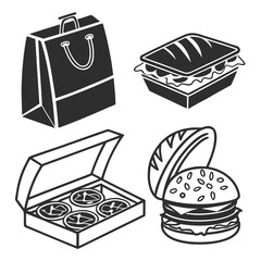 Food containers and fast food icons takeout delivery